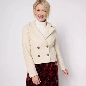 Susan Graver Quilted Faux Leather Double Breasted Cropped Jacket-Bone-3X-A618807